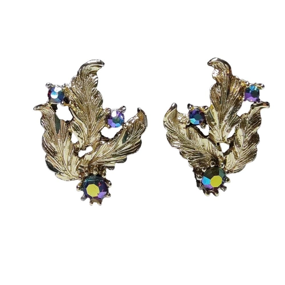 Vintage Multicolor Aurora Borealis Earrings Silver Tone Unmarked Clip Ons‎